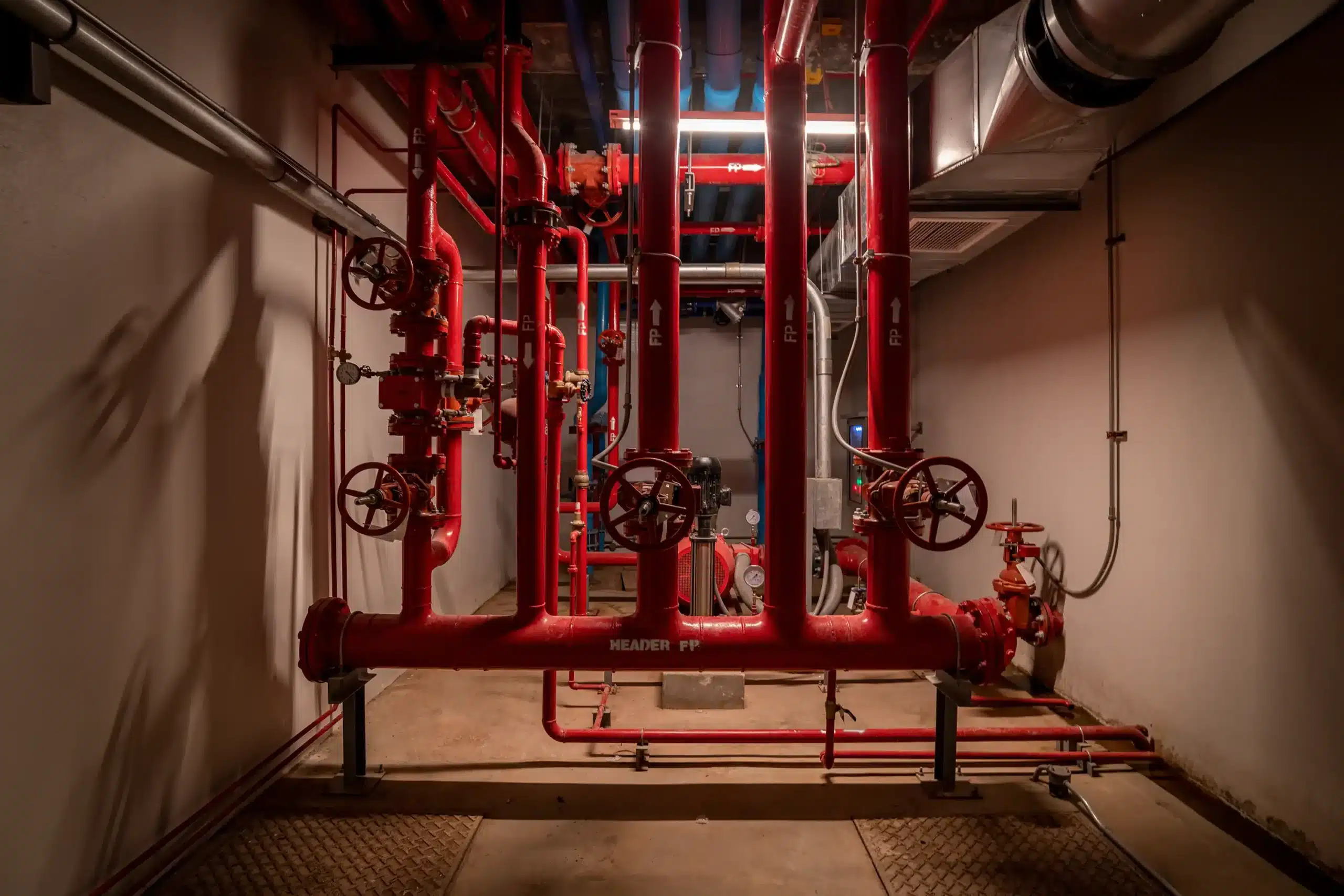 Impianto antincendio industriale con tubazioni rosse, valvole di intercettazione e pompa in una sala tecnica